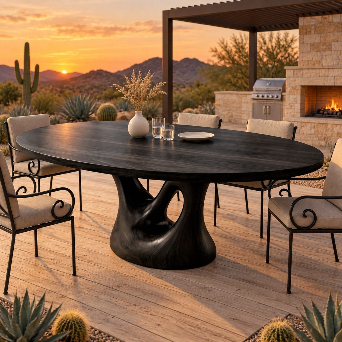 Open Loop Pedestal Oval Dining Table, Solid Wood Elliptical Top on a Sculpted Cut-Out Column, 47 to 71 Inch