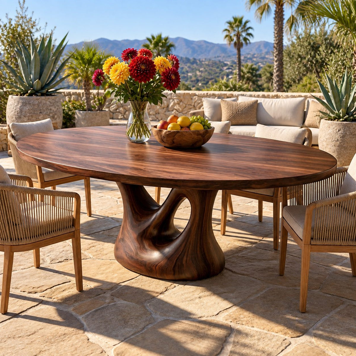 Open Loop Pedestal Oval Dining Table, Solid Wood Elliptical Top on a Sculpted Cut-Out Column, 47 to 71 Inch