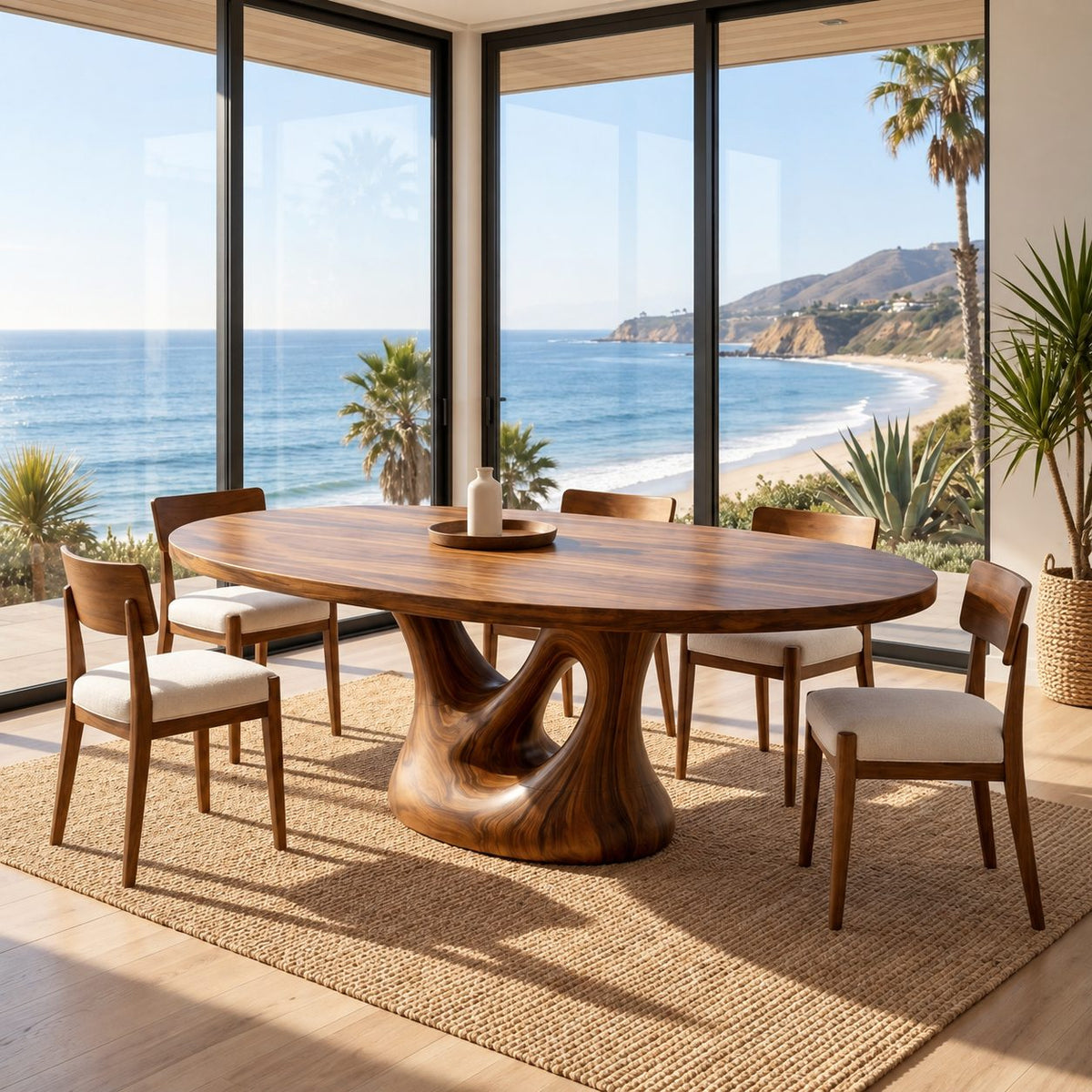 Open Loop Pedestal Oval Dining Table, Solid Wood Elliptical Top on a Sculpted Cut-Out Column, 47 to 71 Inch