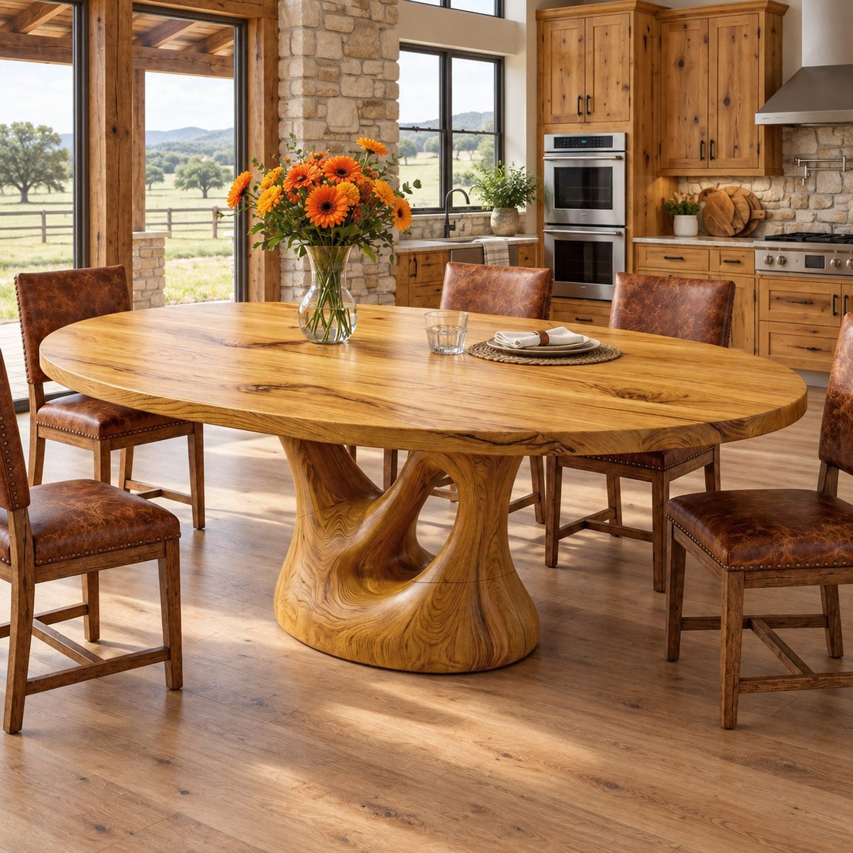 Open Loop Pedestal Oval Dining Table, Solid Wood Elliptical Top on a Sculpted Cut-Out Column, 47 to 71 Inch
