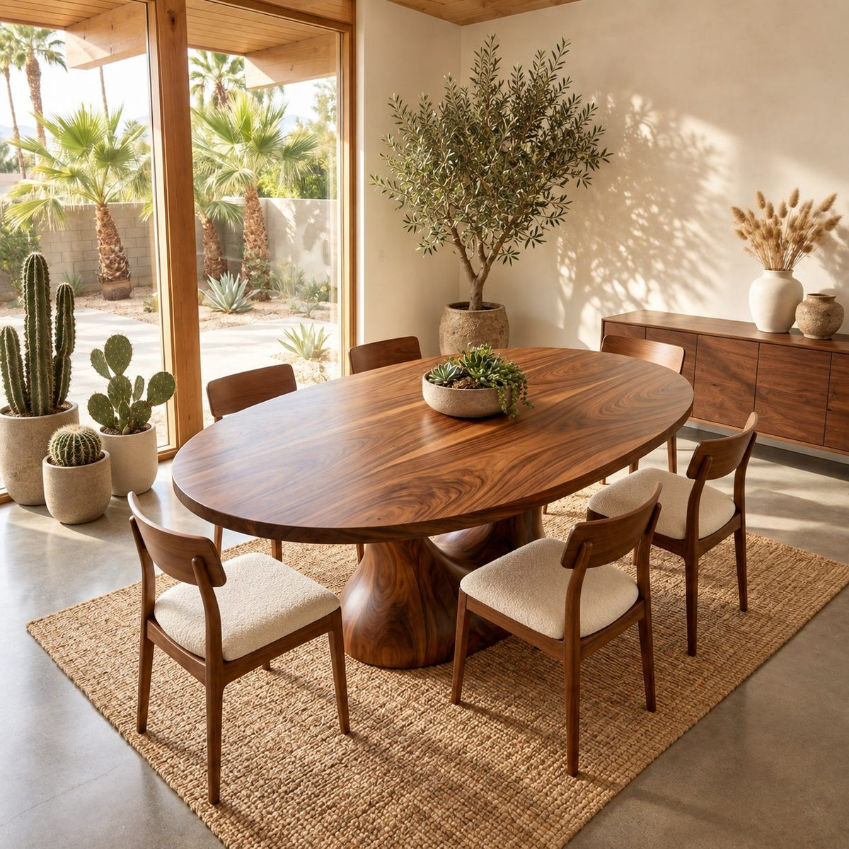 Open Loop Pedestal Oval Dining Table, Solid Wood Elliptical Top on a Sculpted Cut-Out Column, 47 to 71 Inch