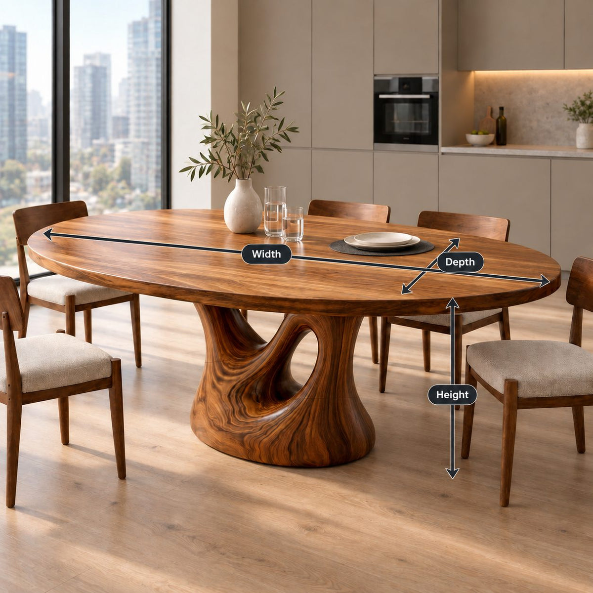 Open Loop Pedestal Oval Dining Table, Solid Wood Elliptical Top on a Sculpted Cut-Out Column, 47 to 71 Inch