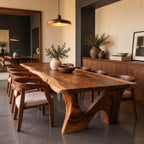 Sweeping Leg Live Edge Dining Table, Solid Wood Slab on Two Organic Curved Cut-Out Bases, 48 to 120 Inch