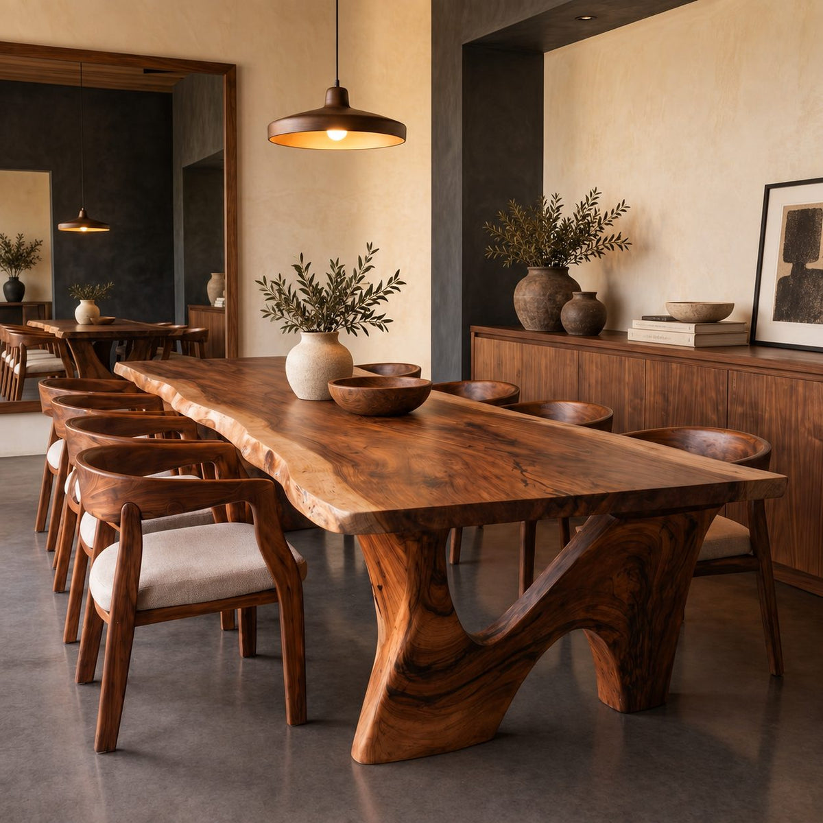 Sweeping Leg Live Edge Dining Table, Solid Wood Slab on Two Organic Curved Cut-Out Bases, 48 to 120 Inch