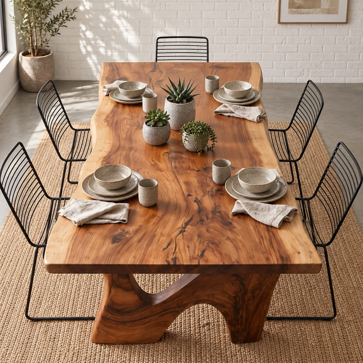 Sweeping Leg Live Edge Dining Table, Solid Wood Slab on Two Organic Curved Cut-Out Bases, 48 to 120 Inch