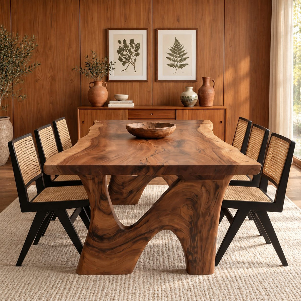 Sweeping Leg Live Edge Dining Table, Solid Wood Slab on Two Organic Curved Cut-Out Bases, 48 to 120 Inch