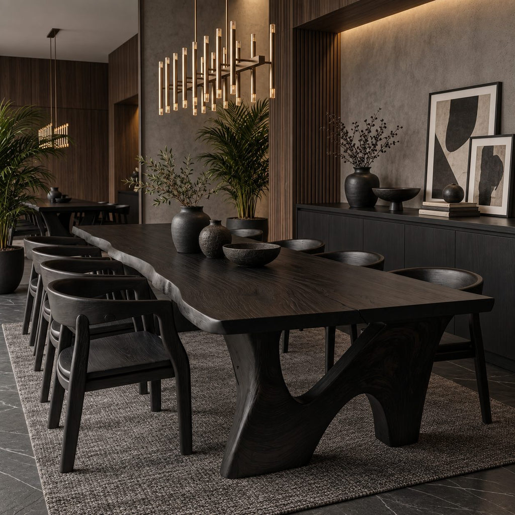 Sweeping Leg Live Edge Dining Table, Solid Wood Slab on Two Organic Curved Cut-Out Bases, 48 to 120 Inch