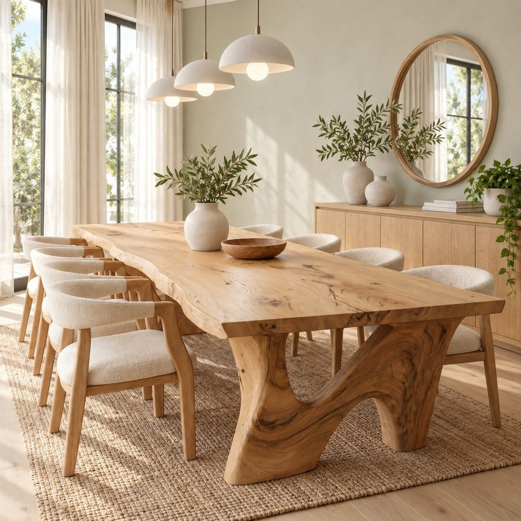 Sweeping Leg Live Edge Dining Table, Solid Wood Slab on Two Organic Curved Cut-Out Bases, 48 to 120 Inch