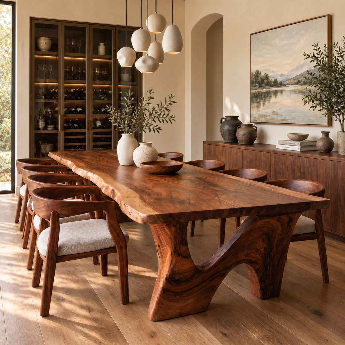 Sweeping Leg Live Edge Dining Table, Solid Wood Slab on Two Organic Curved Cut-Out Bases, 48 to 120 Inch