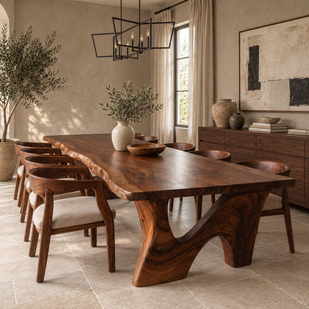 Sweeping Leg Live Edge Dining Table, Solid Wood Slab on Two Organic Curved Cut-Out Bases, 48 to 120 Inch