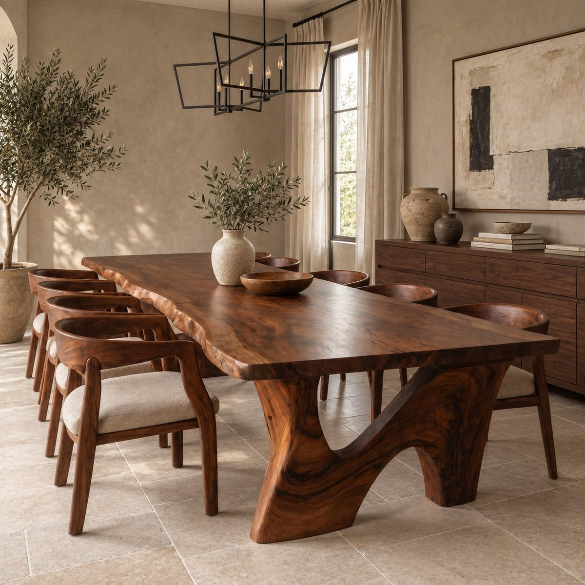 Sweeping Leg Live Edge Dining Table, Solid Wood Slab on Two Organic Curved Cut-Out Bases, 48 to 120 Inch