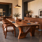 Sweeping Leg Live Edge Dining Table, Solid Wood Slab on Two Organic Curved Cut-Out Bases, 48 to 120 Inch