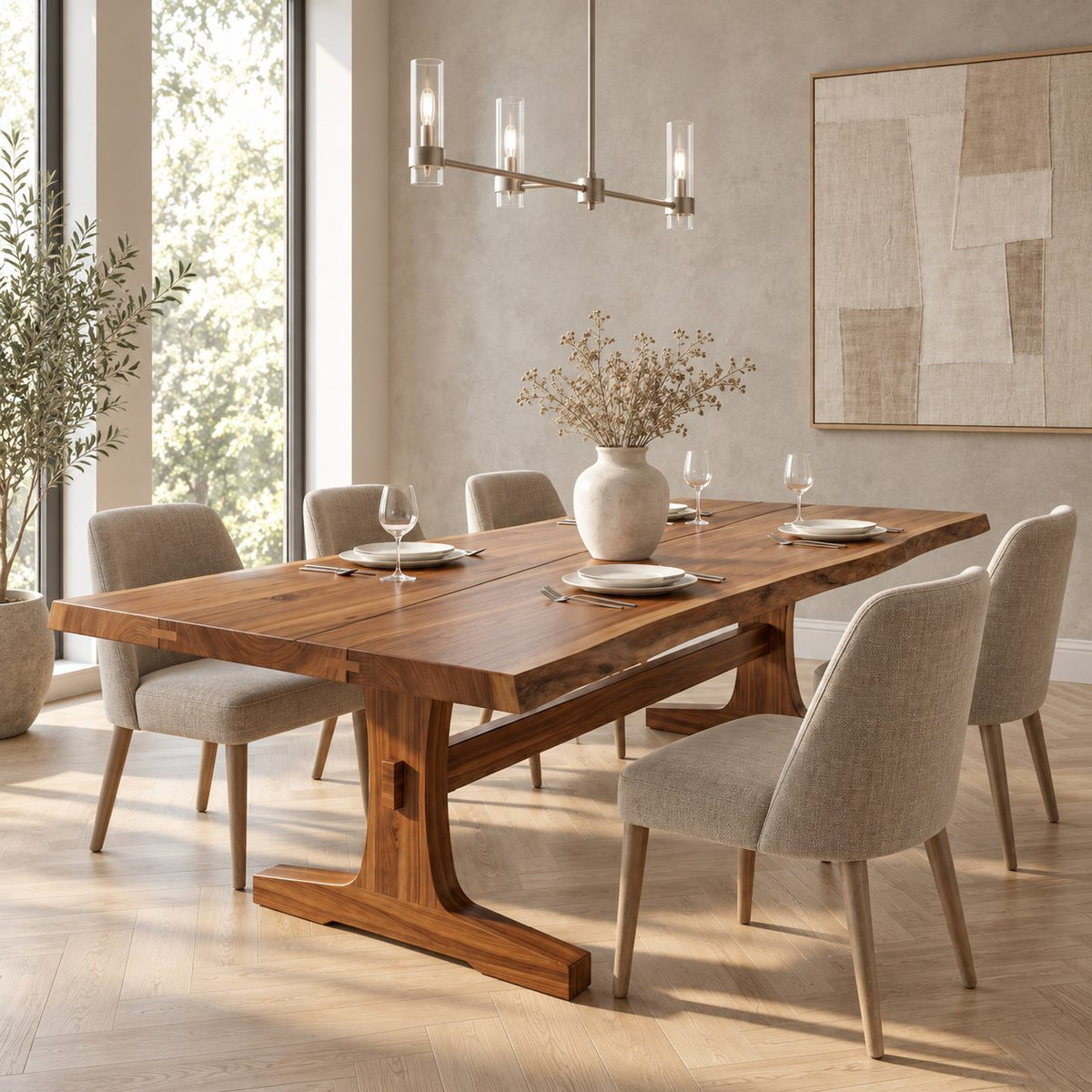 Trestle Base Dining Table, Solid Wood Plank Top with Soft Live Edges, Farmhouse Style, 48 to 120 Inch