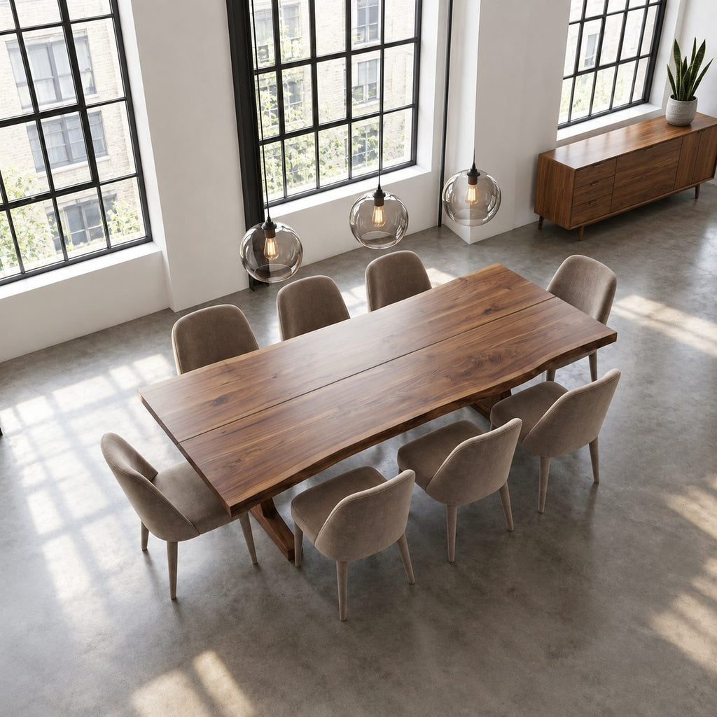 Trestle Base Dining Table, Solid Wood Plank Top with Soft Live Edges, Farmhouse Style, 48 to 120 Inch