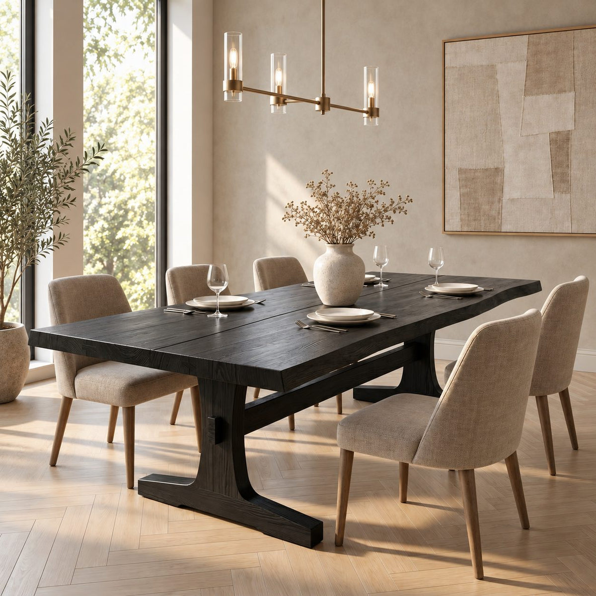 Trestle Base Dining Table, Solid Wood Plank Top with Soft Live Edges, Farmhouse Style, 48 to 120 Inch