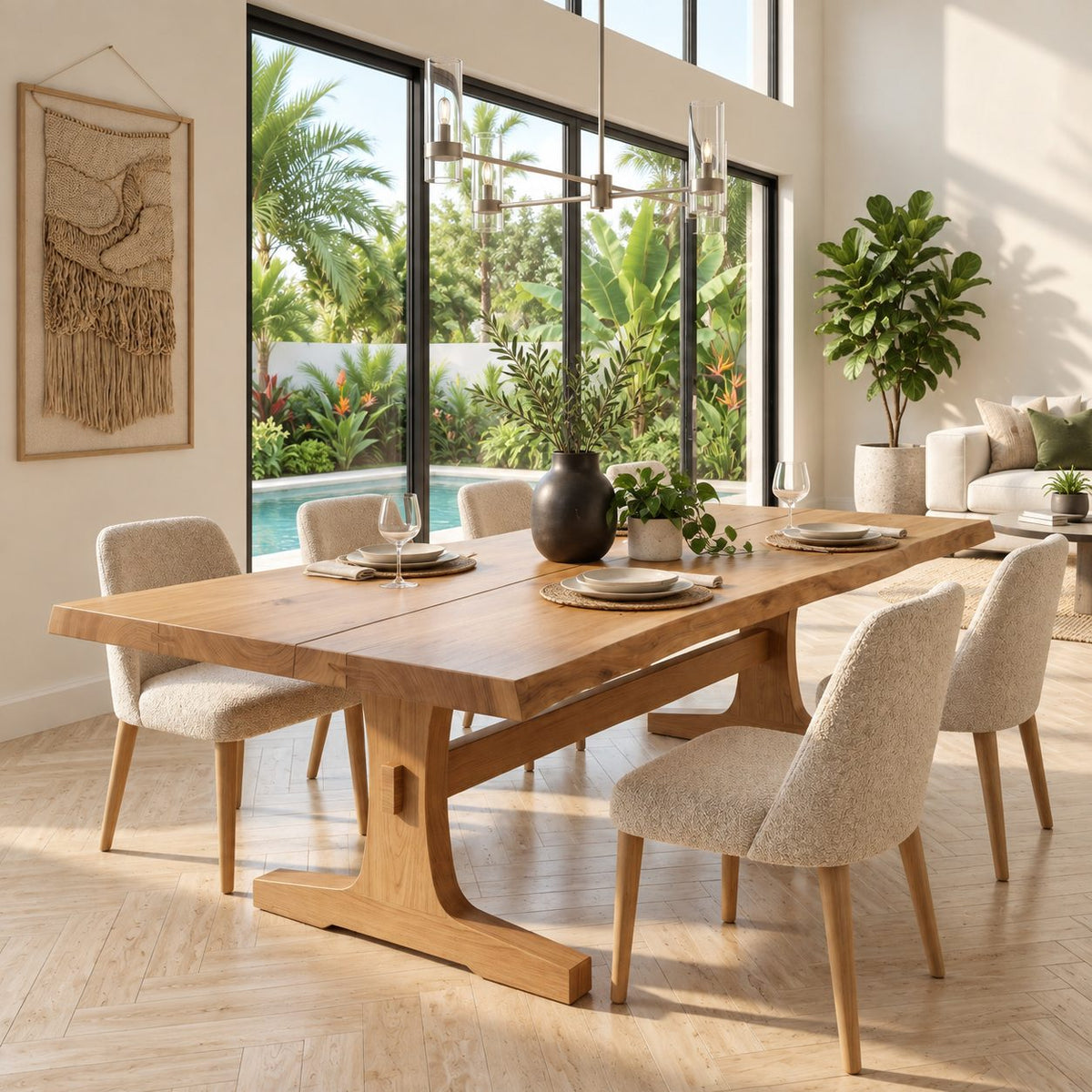 Trestle Base Dining Table, Solid Wood Plank Top with Soft Live Edges, Farmhouse Style, 48 to 120 Inch