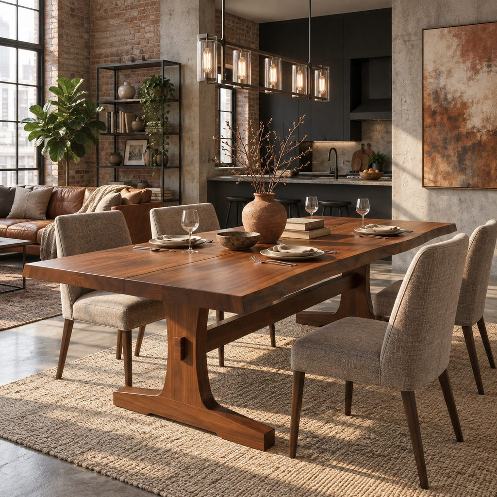 Trestle Base Dining Table, Solid Wood Plank Top with Soft Live Edges, Farmhouse Style, 48 to 120 Inch