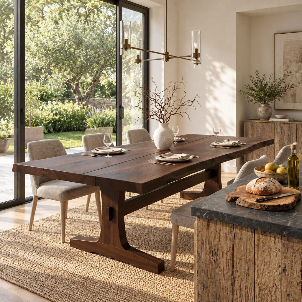 Trestle Base Dining Table, Solid Wood Plank Top with Soft Live Edges, Farmhouse Style, 48 to 120 Inch