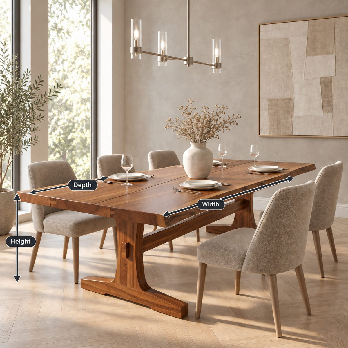 Trestle Base Dining Table, Solid Wood Plank Top with Soft Live Edges, Farmhouse Style, 48 to 120 Inch