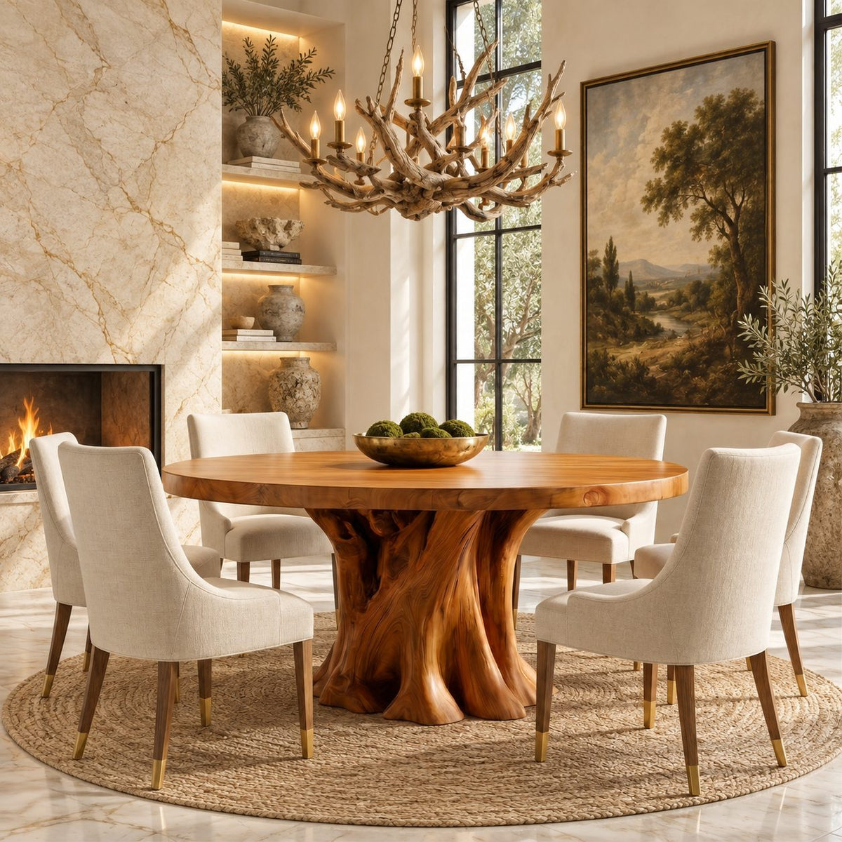 Tree Root Pedestal Round Dining Table, Solid Wood Top on a Natural Spreading Trunk Base, 35 to 47 Inch