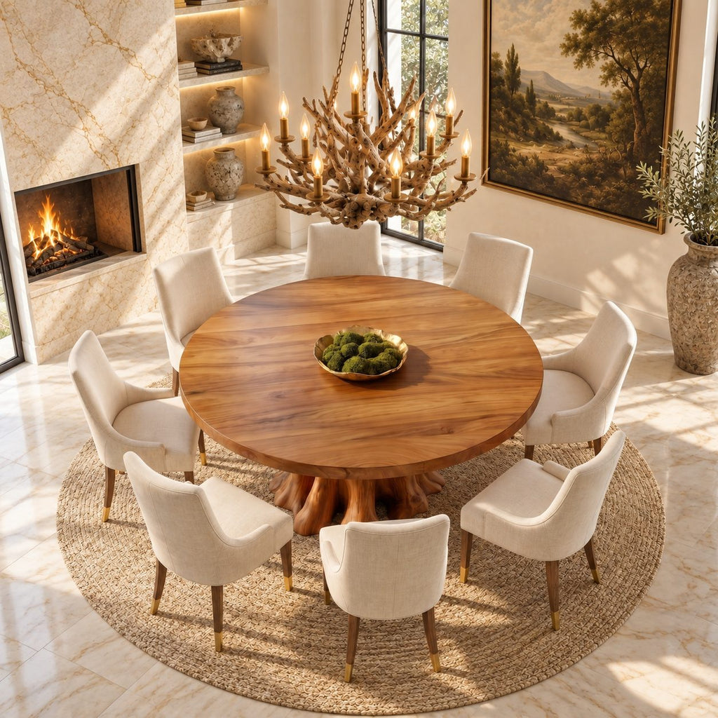 Tree Root Pedestal Round Dining Table, Solid Wood Top on a Natural Spreading Trunk Base, 35 to 47 Inch