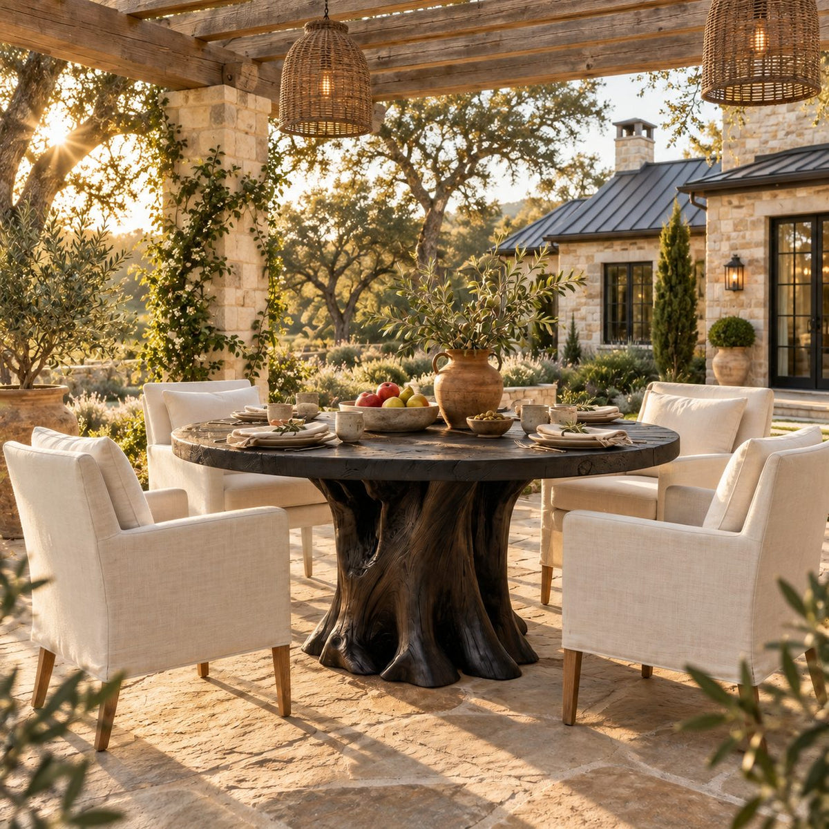Tree Root Pedestal Round Dining Table, Solid Wood Top on a Natural Spreading Trunk Base, 35 to 47 Inch