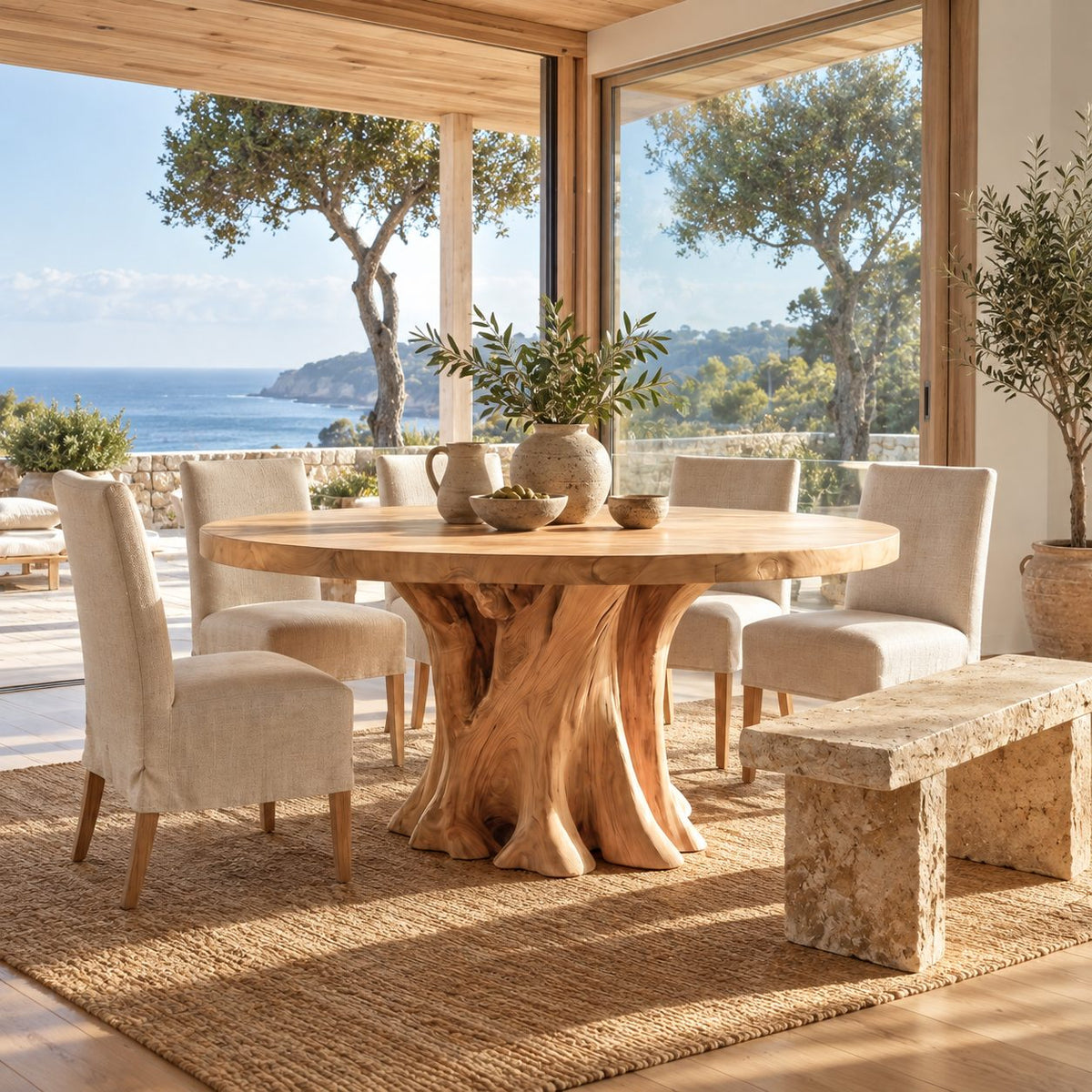 Tree Root Pedestal Round Dining Table, Solid Wood Top on a Natural Spreading Trunk Base, 35 to 47 Inch