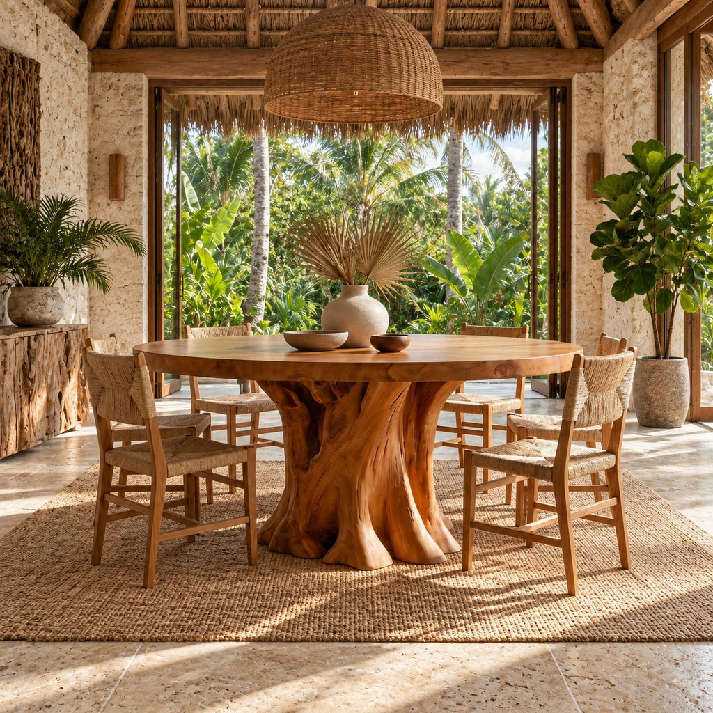 Tree Root Pedestal Round Dining Table, Solid Wood Top on a Natural Spreading Trunk Base, 35 to 47 Inch