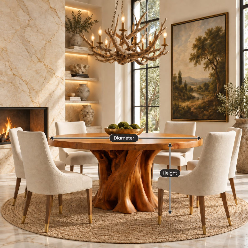 Tree Root Pedestal Round Dining Table, Solid Wood Top on a Natural Spreading Trunk Base, 35 to 47 Inch