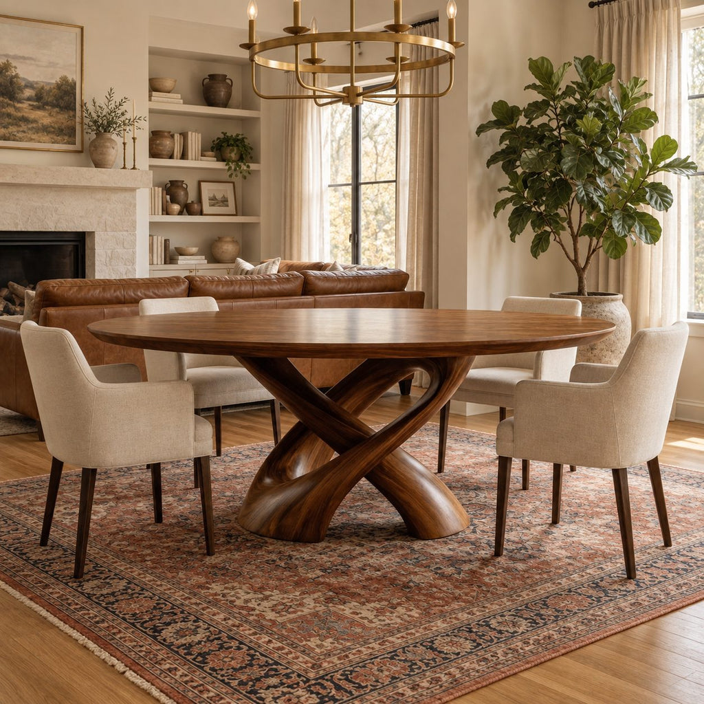 Crossed Ribbon Leg Round Dining Table, Solid Wood Top on Interwoven Curved Sculptural Legs, 35 to 47 Inch