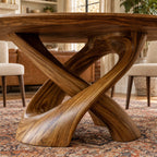 Crossed Ribbon Leg Round Dining Table, Solid Wood Top on Interwoven Curved Sculptural Legs, 35 to 47 Inch