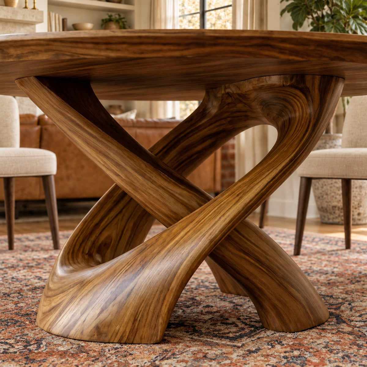 Crossed Ribbon Leg Round Dining Table, Solid Wood Top on Interwoven Curved Sculptural Legs, 35 to 47 Inch