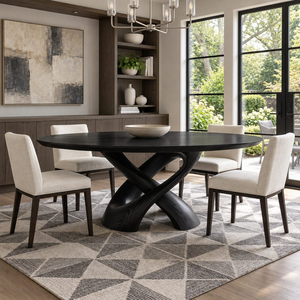 Crossed Ribbon Leg Round Dining Table, Solid Wood Top on Interwoven Curved Sculptural Legs, 35 to 47 Inch