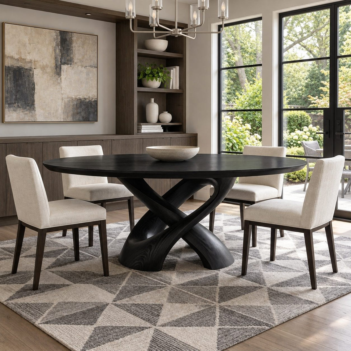 Crossed Ribbon Leg Round Dining Table, Solid Wood Top on Interwoven Curved Sculptural Legs, 35 to 47 Inch
