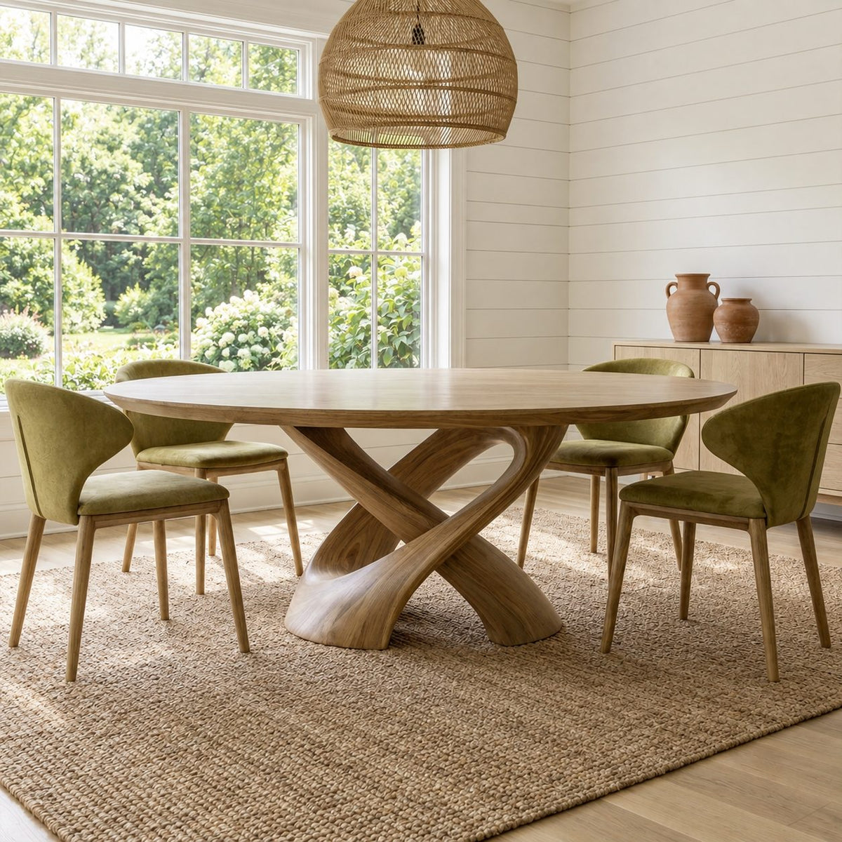 Crossed Ribbon Leg Round Dining Table, Solid Wood Top on Interwoven Curved Sculptural Legs, 35 to 47 Inch