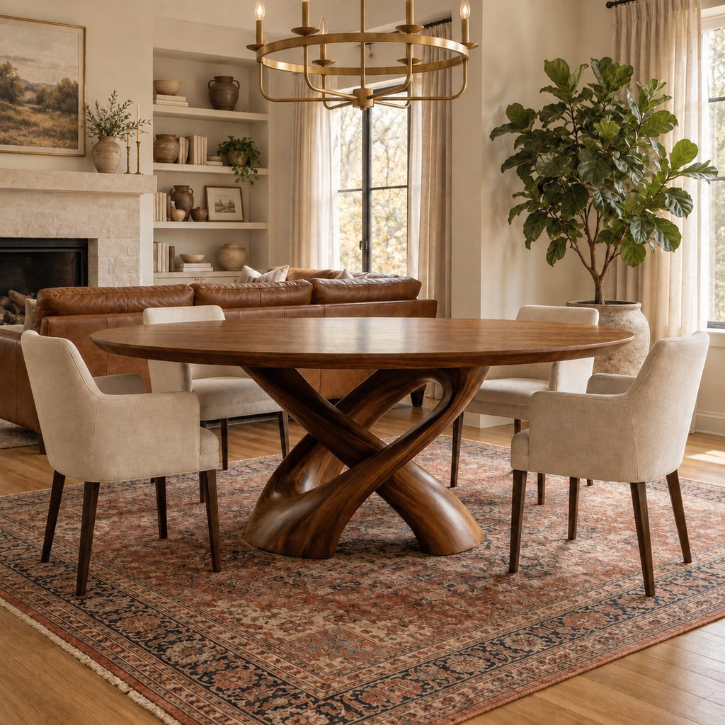 Crossed Ribbon Leg Round Dining Table, Solid Wood Top on Interwoven Curved Sculptural Legs, 35 to 47 Inch
