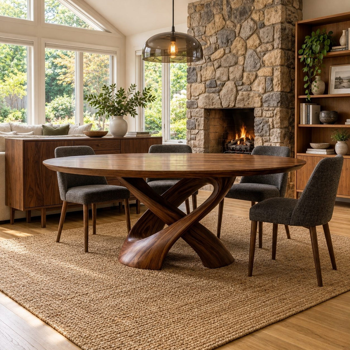 Crossed Ribbon Leg Round Dining Table, Solid Wood Top on Interwoven Curved Sculptural Legs, 35 to 47 Inch