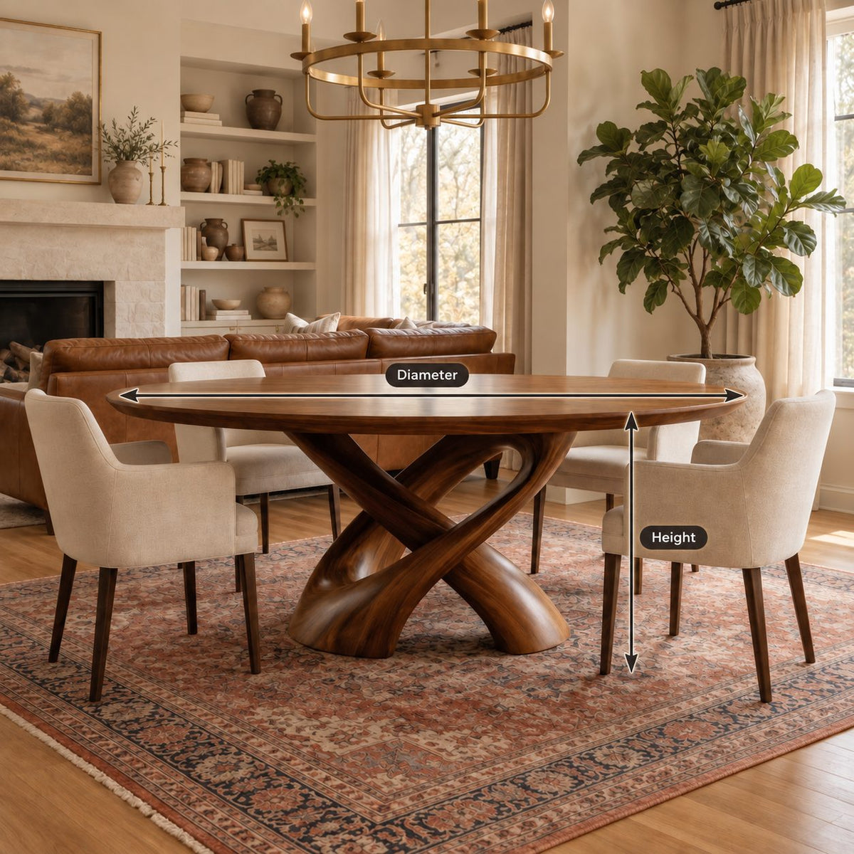 Crossed Ribbon Leg Round Dining Table, Solid Wood Top on Interwoven Curved Sculptural Legs, 35 to 47 Inch