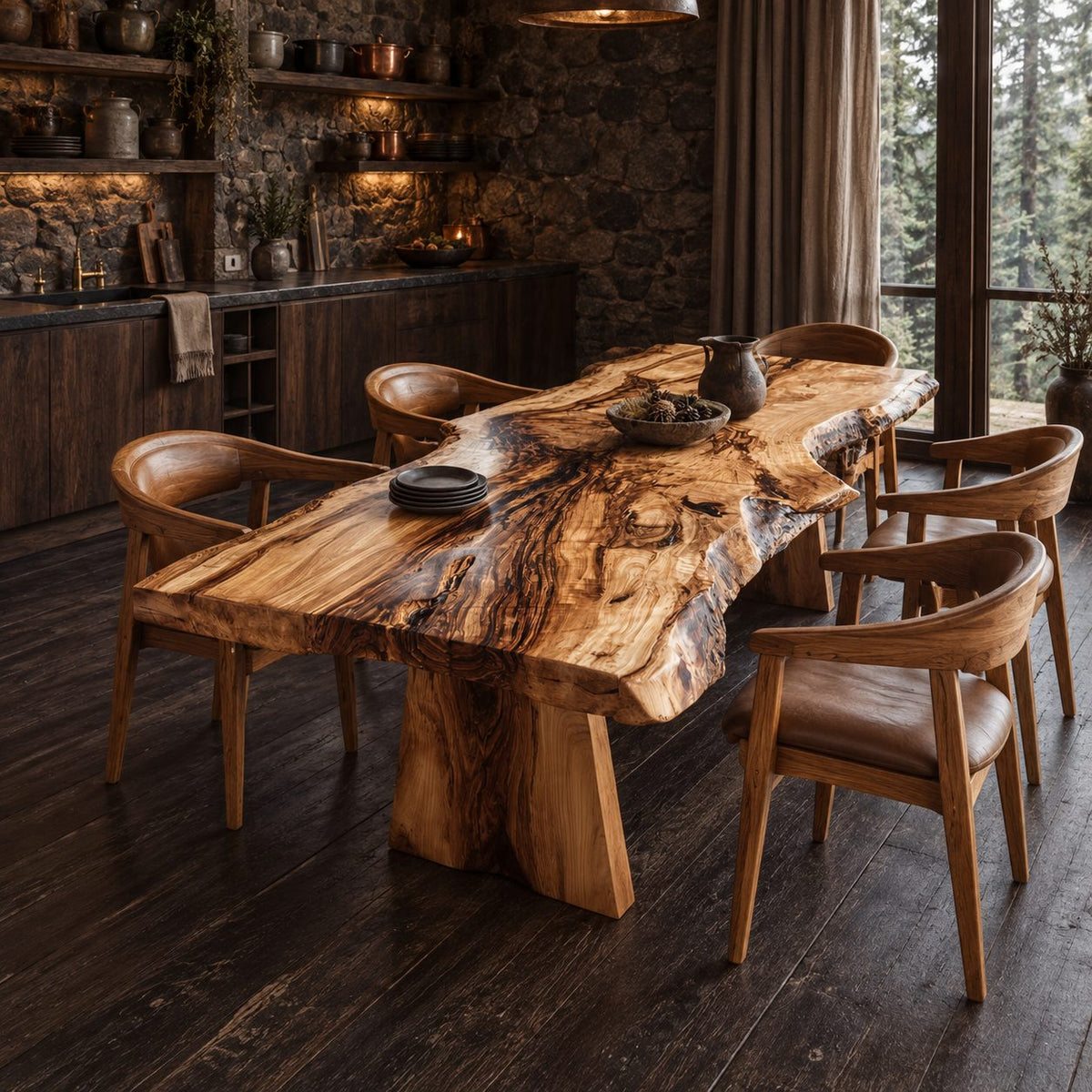 Splayed Block Leg Live Edge Dining Table, Thick Figured Solid Wood Slab, Seats 4 to 12
