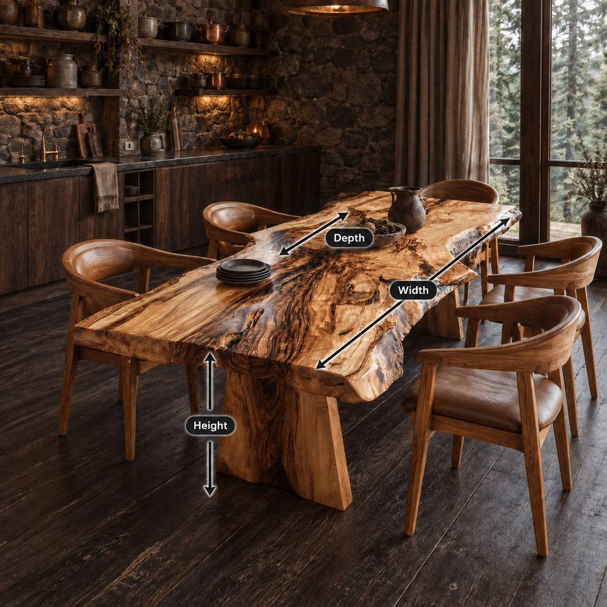 Splayed Block Leg Live Edge Dining Table, Thick Figured Solid Wood Slab, Seats 4 to 12