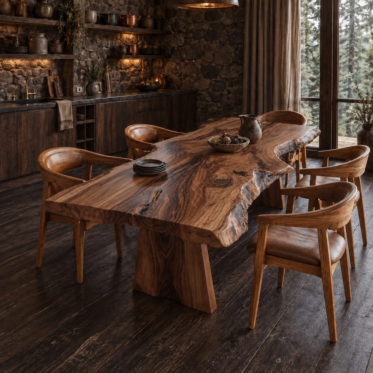 Splayed Block Leg Live Edge Dining Table, Thick Figured Solid Wood Slab, Seats 4 to 12