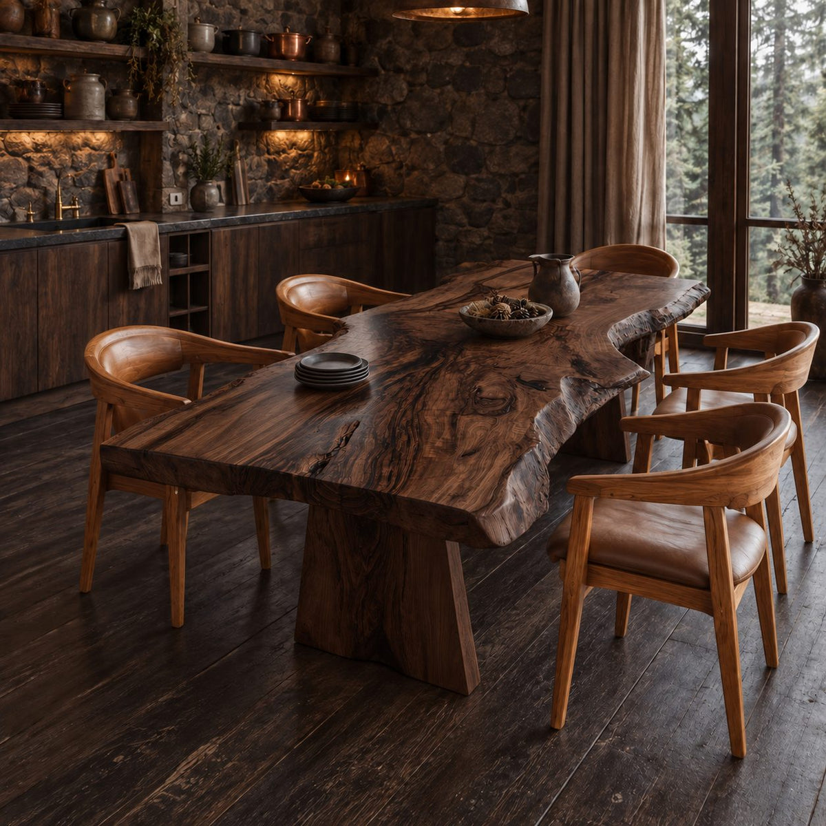 Splayed Block Leg Live Edge Dining Table, Thick Figured Solid Wood Slab, Seats 4 to 12