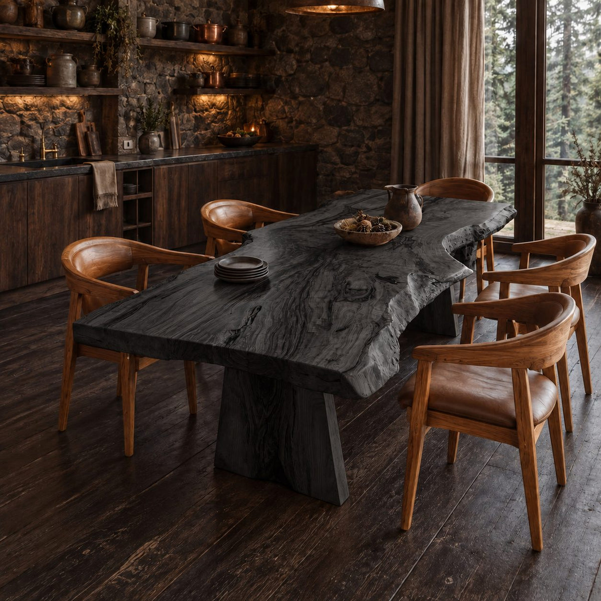 Splayed Block Leg Live Edge Dining Table, Thick Figured Solid Wood Slab, Seats 4 to 12
