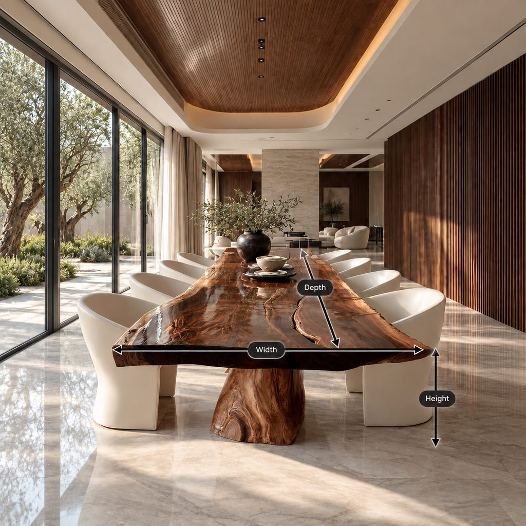Stump Pedestal Live Edge Dining Table, Long Solid Wood Slab on a Natural Tree Trunk Base, Seats 4 to 12