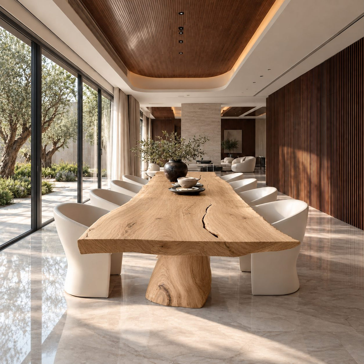 Stump Pedestal Live Edge Dining Table, Long Solid Wood Slab on a Natural Tree Trunk Base, Seats 4 to 12