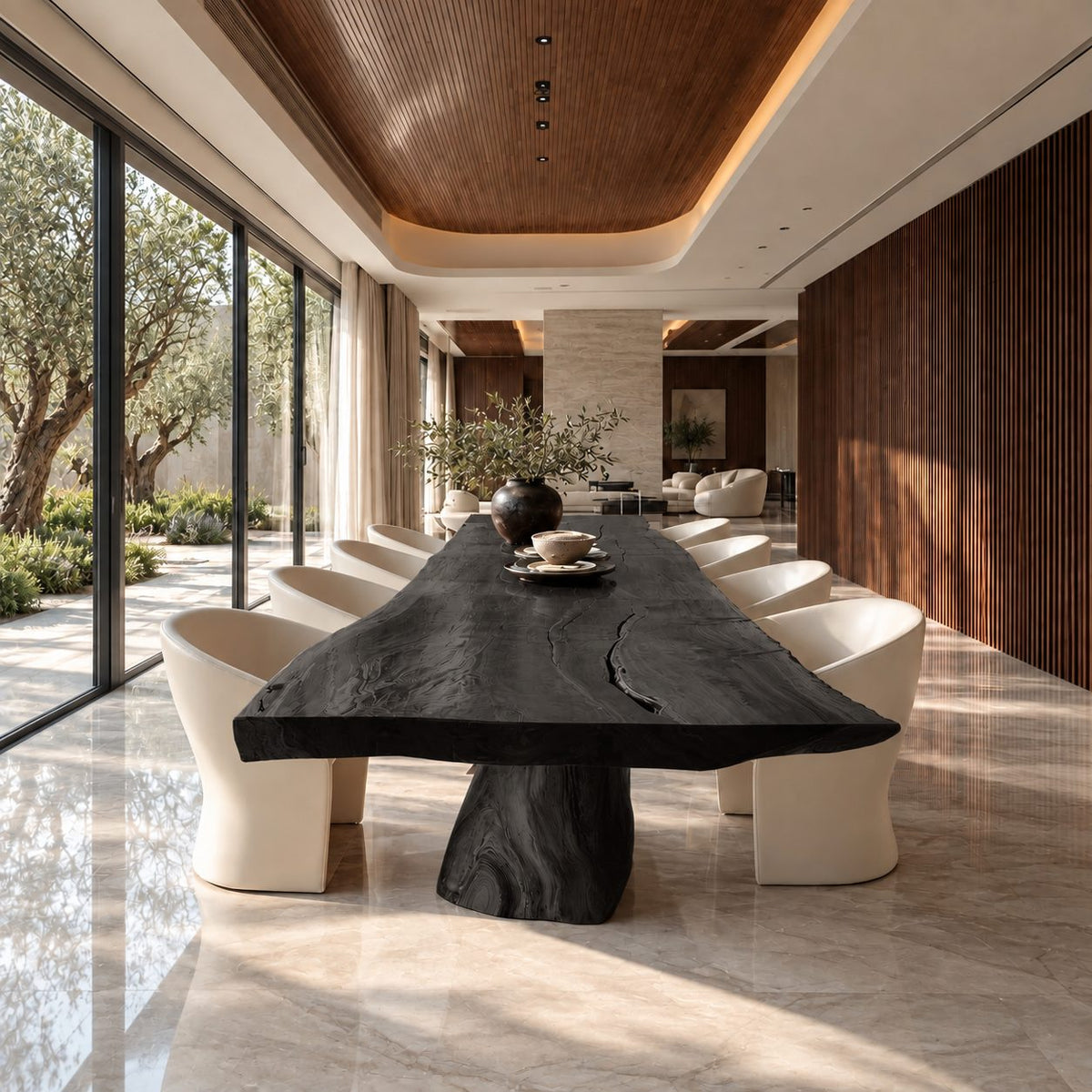 Stump Pedestal Live Edge Dining Table, Long Solid Wood Slab on a Natural Tree Trunk Base, Seats 4 to 12