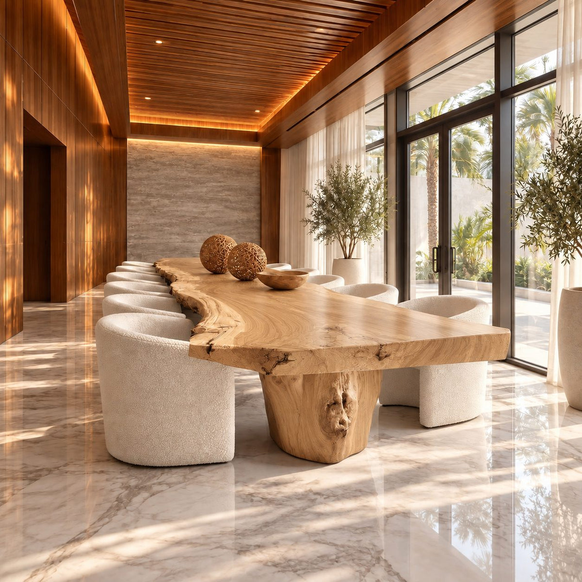 Raw Trunk Base Live Edge Dining Table, Wide Figured Solid Wood Slab on Stump Pedestals, Seats 4 to 12