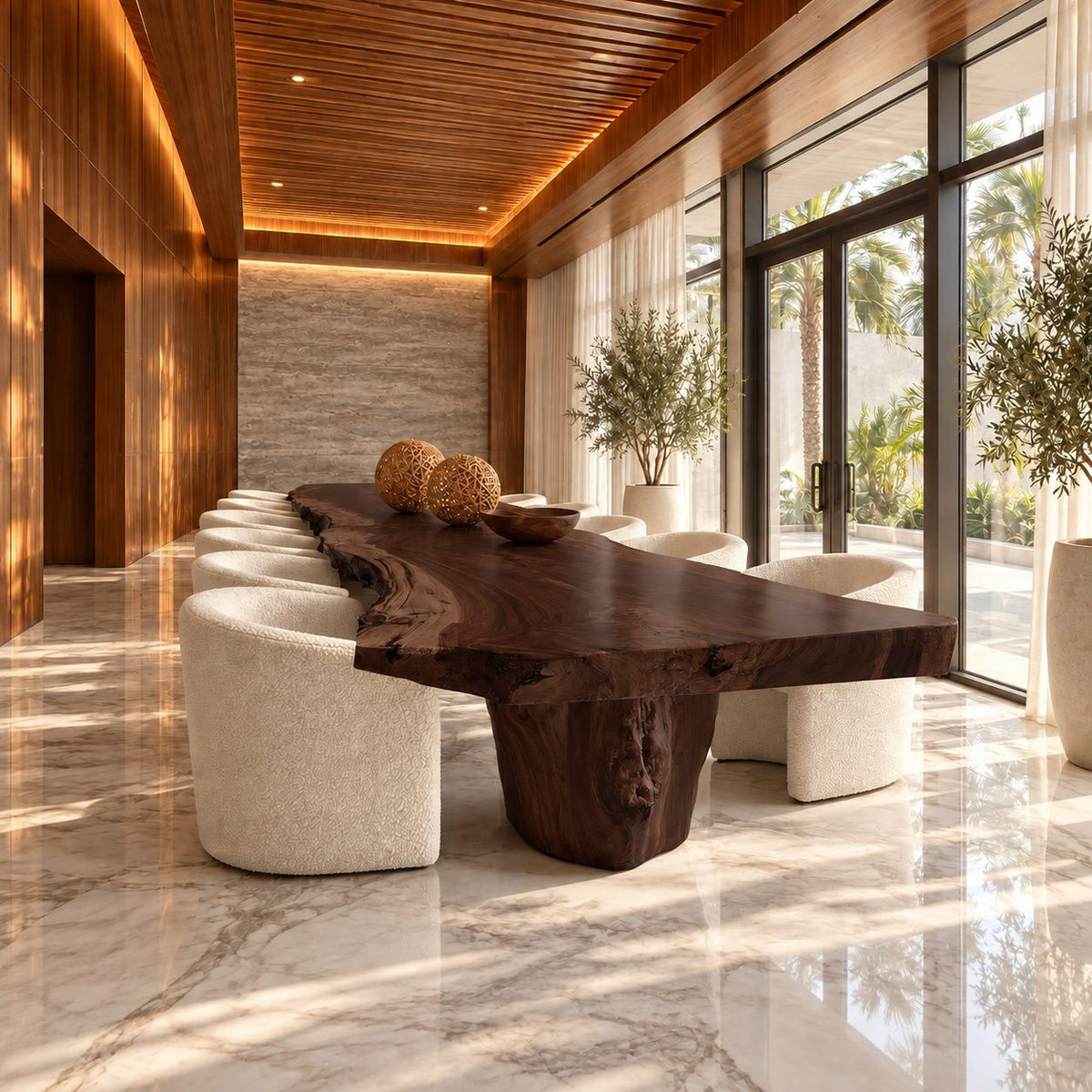Raw Trunk Base Live Edge Dining Table, Wide Figured Solid Wood Slab on Stump Pedestals, Seats 4 to 12