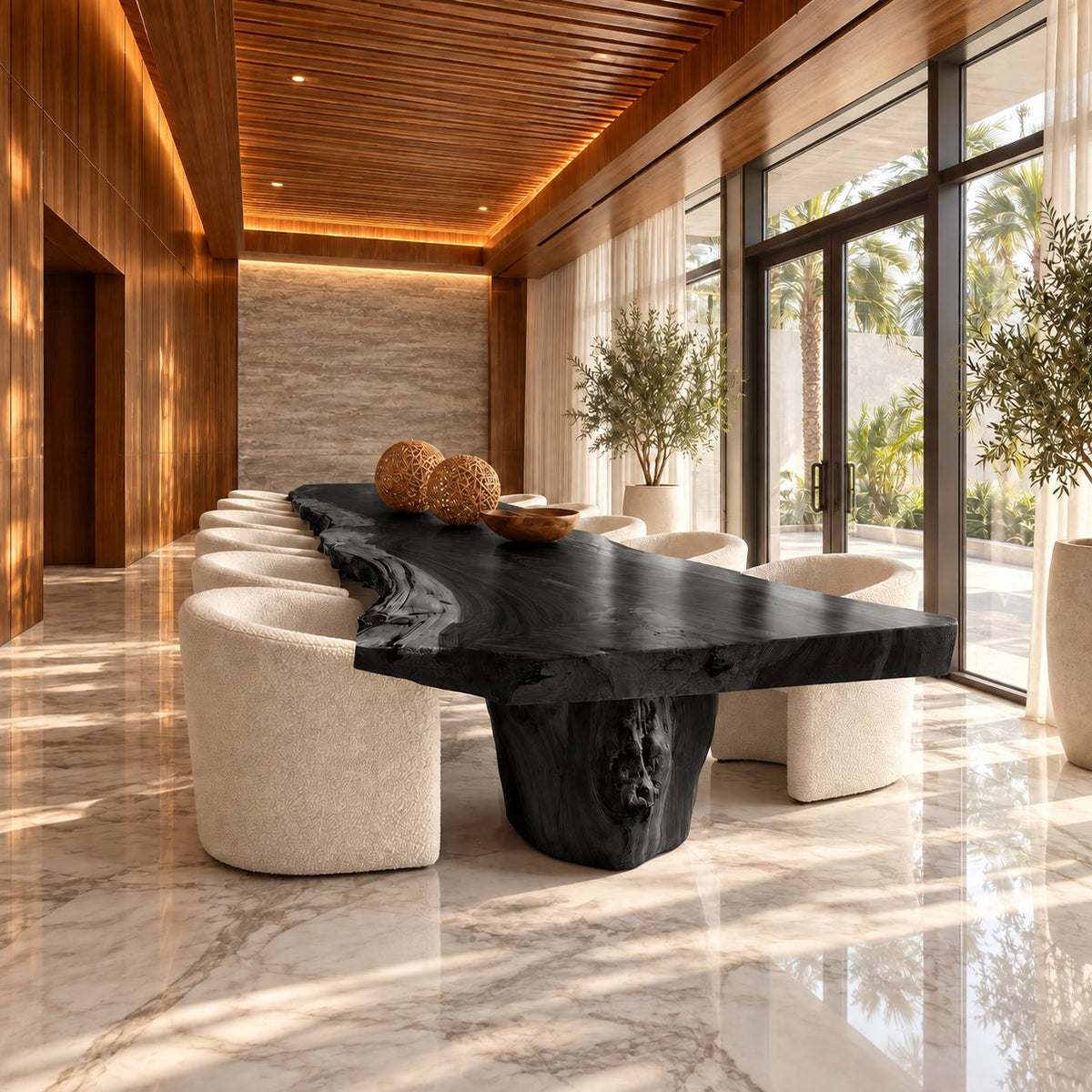 Raw Trunk Base Live Edge Dining Table, Wide Figured Solid Wood Slab on Stump Pedestals, Seats 4 to 12