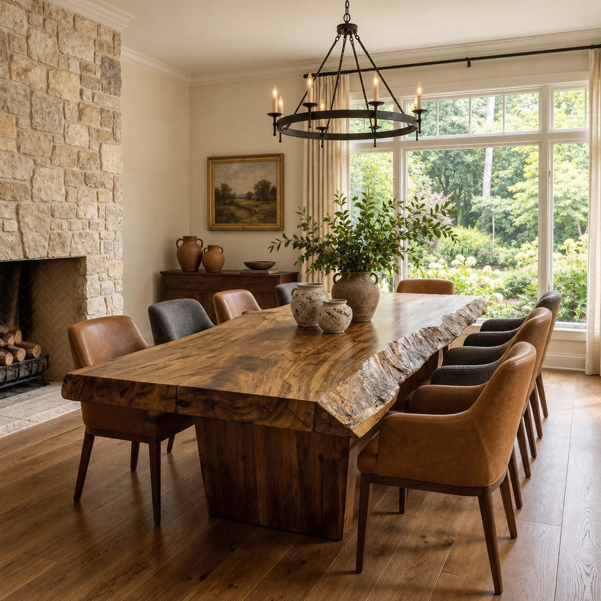 Rough Edge Plank Base Dining Table, Thick Live Edge Solid Wood Slab on a Board Pedestal, Seats 4 to 12